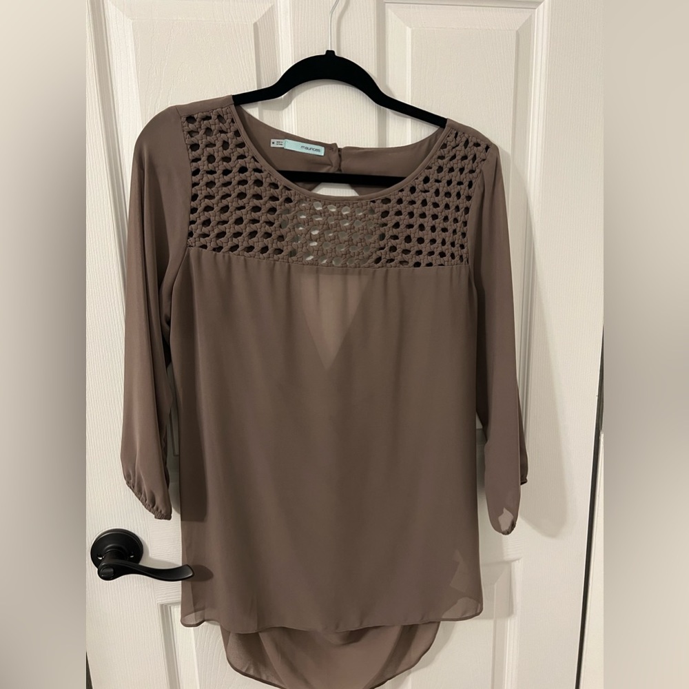 Taupe sheer backless blouse from Maurice’s, size M.